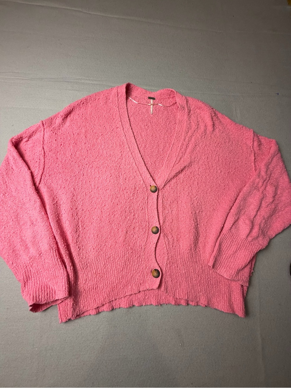 Free People Bubblegum Pink Button Cardigan Sweater oversize L